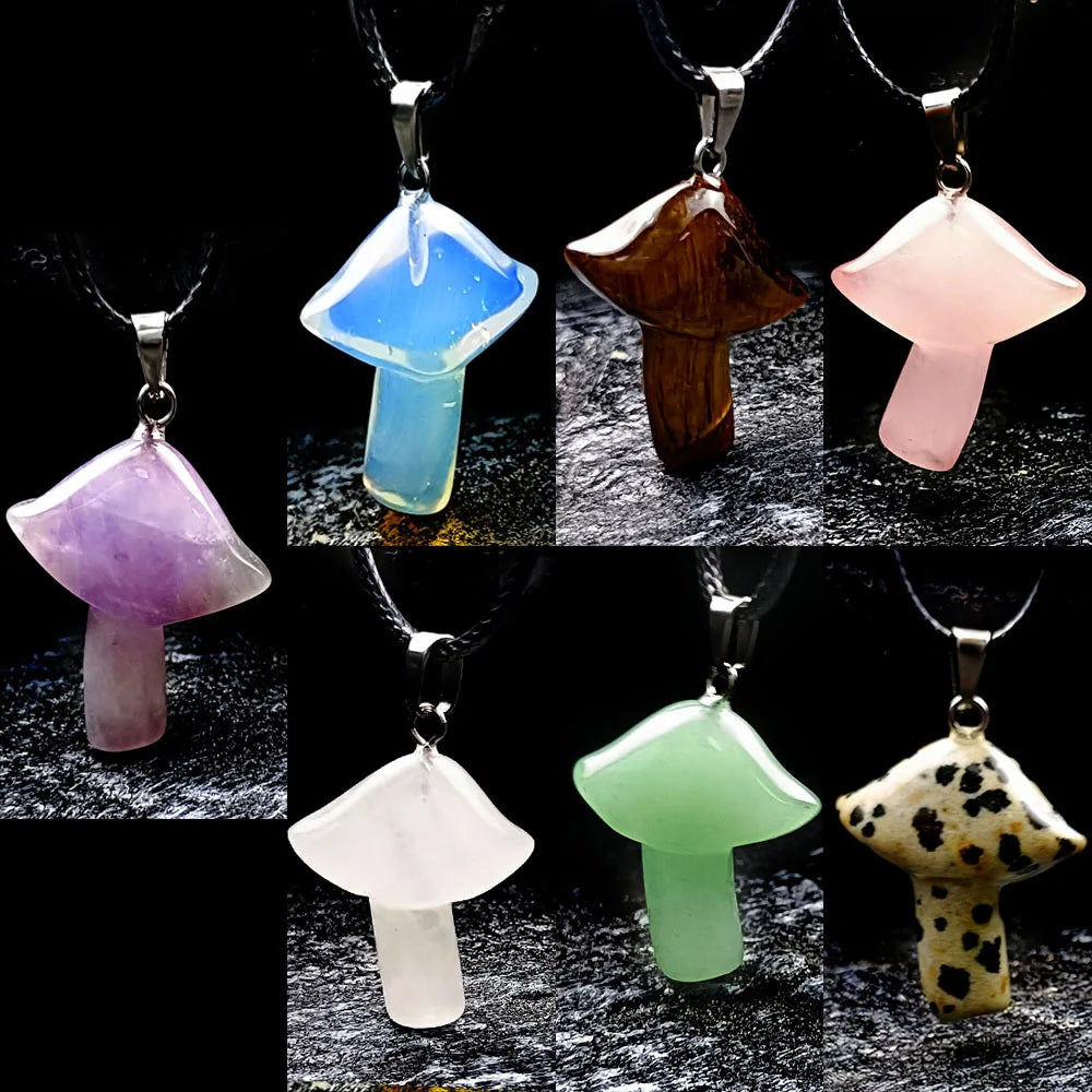 23×28mm Natural Crystal Mushroom Pendant Necklace, Healing Gemstone Umbrella Charm for Women