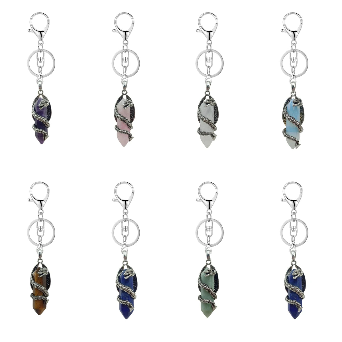 Natural Crystal Dragon Keychain • Antique Silver Dragon Wrapped Hexagonal Point Keyring • Gothic Punk Healing Gemstone Purse Bag Charm Giftv