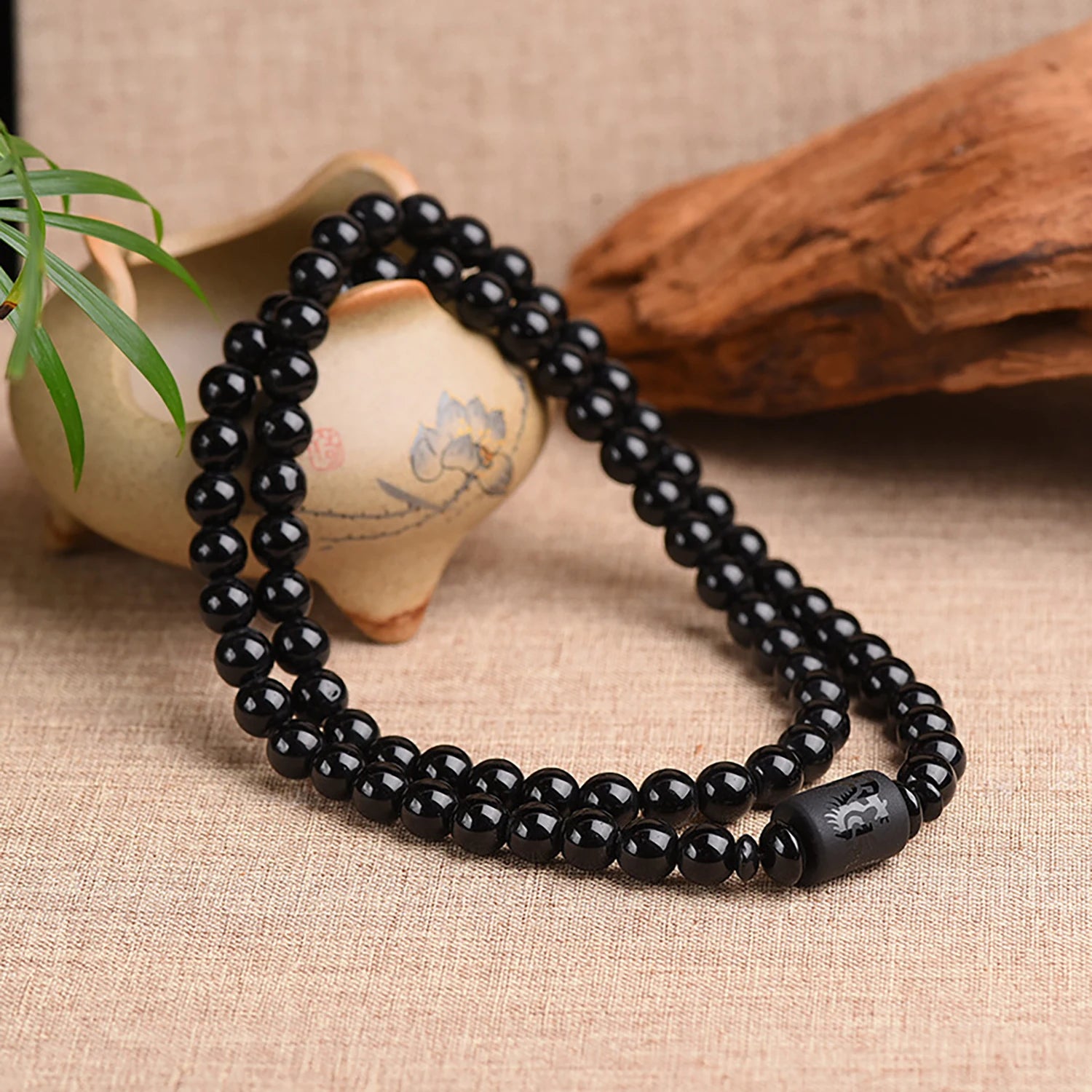 Black Obsidian Bracelet Engrave with Dragon or Phoenix Totem Cylinder Bead Men or Women Natural Stone Chain Famous Fashion