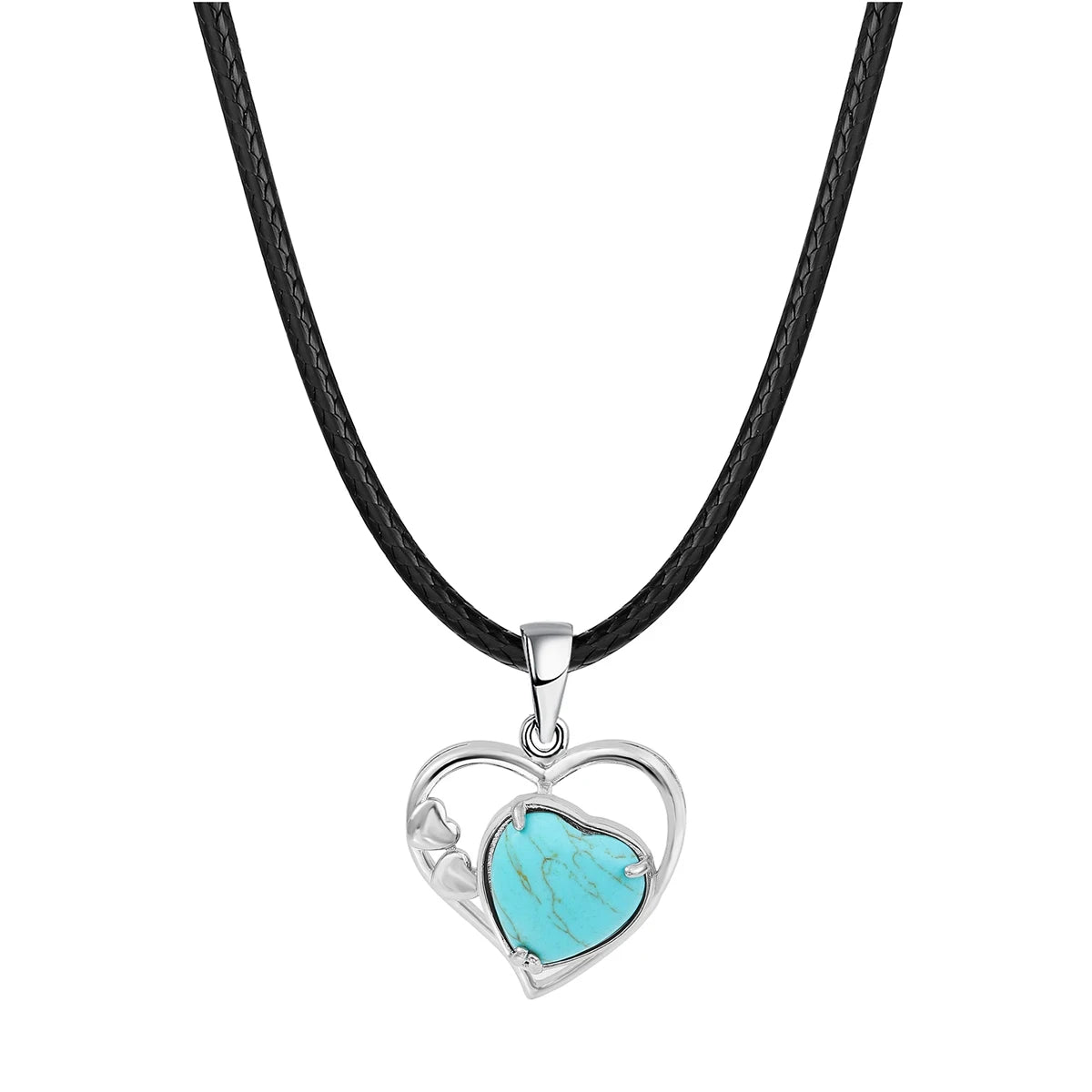 Natural Crystal Hollow Heart Pendant Necklace, Gemstone Charm with Black Rope for Women