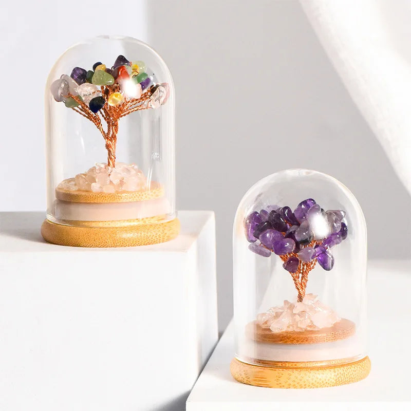Mini Crystal Tree in Glass Dome | Handmade Copper Wire Wishing Tree with Wood Base for Home Office Decor & Party Gifts