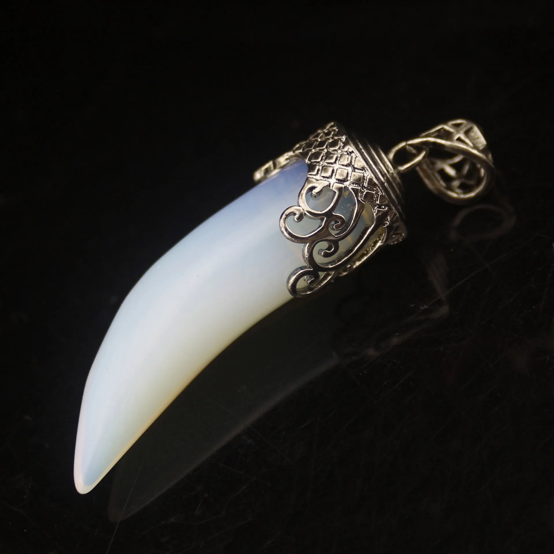 Antique Silver Filigree Cap Wolf Tooth Shaped Natural Gemstone Pendant, Horn Tusk Chakra Healing Crystal Charm for DIY Necklace Making