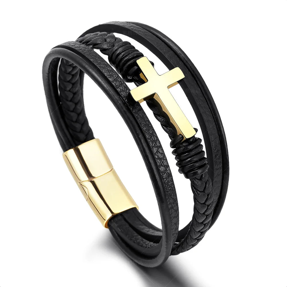 Urban Faith Men's Cross Bracelet - Black Braided Cowhide Leather & Stainless Steel Wristband