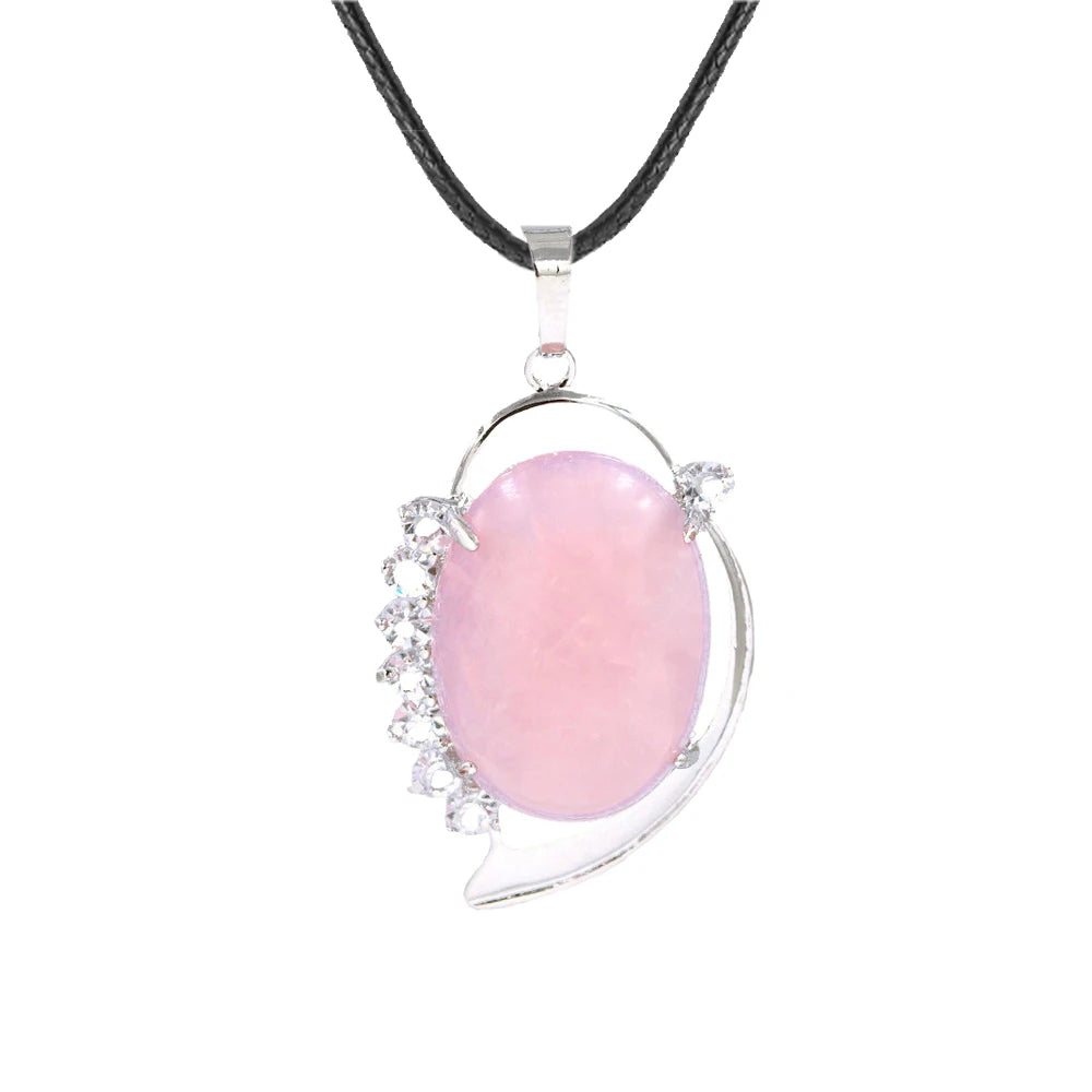 Natural Oval Crystal Stone Pendant Silver Leaf Wrapped Crystal Pendant Necklace Reiki Chakra Healing Crystal Jewelry for Women Multiple Gemstone Options