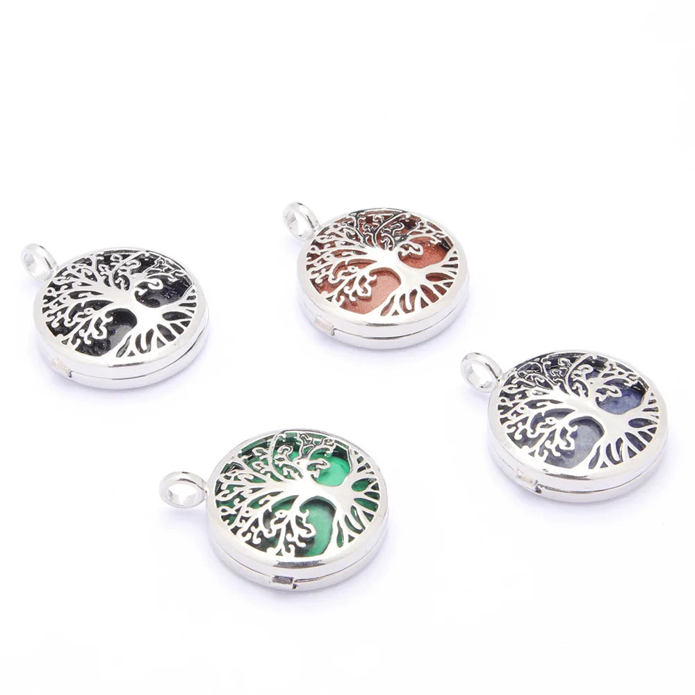 25mm Silver Plated Tree of Life Pendant Natural Round Crystal Inlay Hollow Charm for Chakra Necklace Making