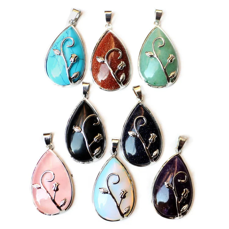 Silver Branch Rose Inlaid Teardrop Natural Crystal Pendant Water Drop Chakra Healing Gemstone Charm for DIY Necklace Jewelry Making