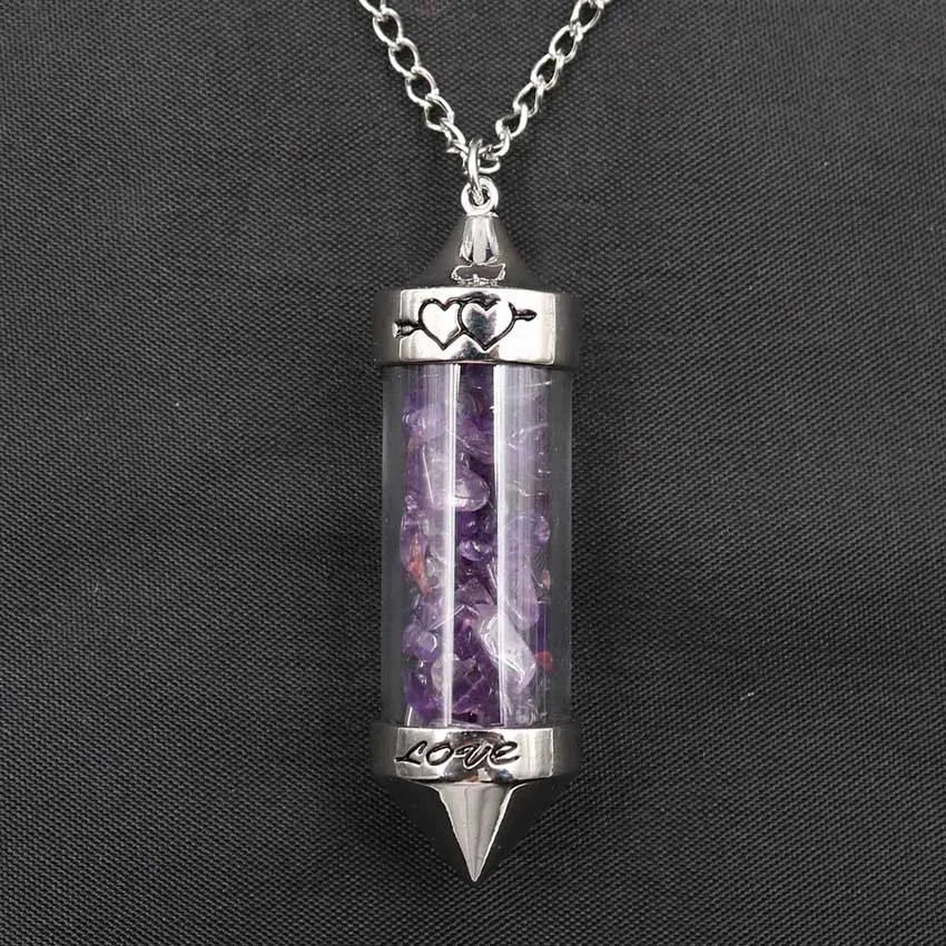 Natural Crystal Chip Wishing Bottle Necklace 5.4cm Glass Pointed Column Vial Pendant Necklace 45+5cm Adjustable Chain Reiki Chakra Healing Stone Jewelry for Women