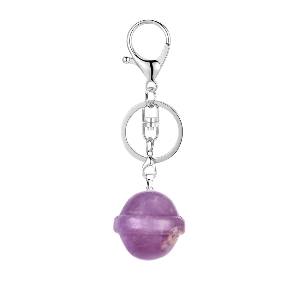 20mm Natural Crystal Planet Keychain, Cute Multicolor Stone Pendant for Bags & Wallets