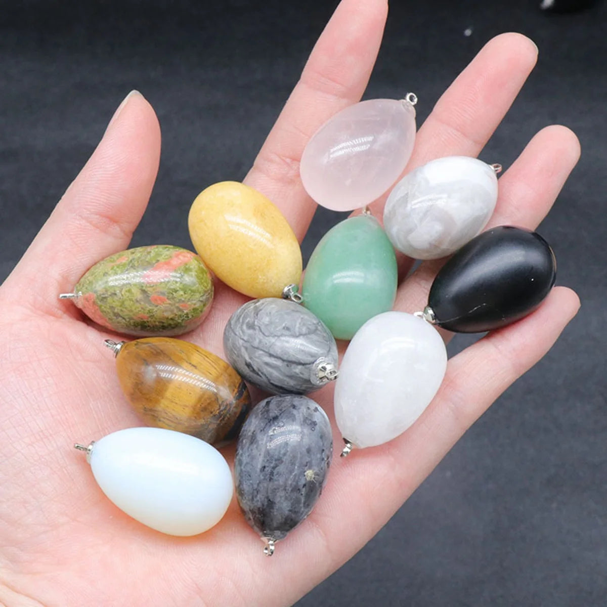 Natural Egg Shape Crystal Pendants for DIY Jewelry Making, Polished Gemstone Tumbled Stone Charms with Loop, Wholesale Healing Quartz Rebirth Talisman for Necklaces