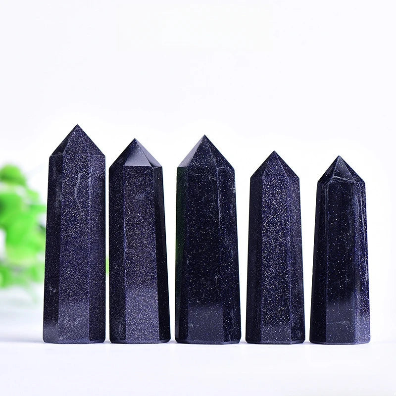 Multi-Sized Syn.Blue Goldstone Hexagonal Pillar Decoration Office Ornament Tower Stone Crafts DIY Accessory Gift