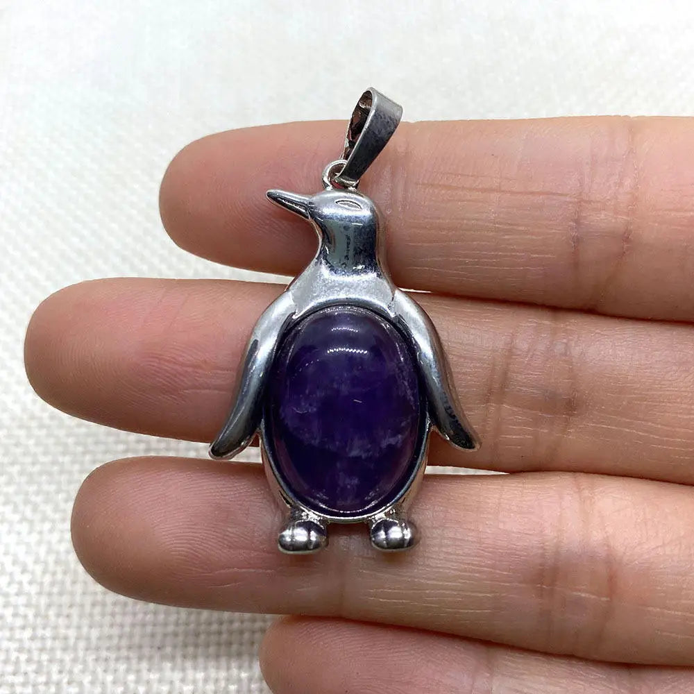 24x35mm Natural Crystal Penguin Pendant Necklace, Silver Alloy Frame Gemstone Charm
