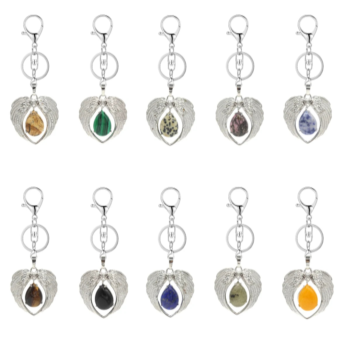 Silver Angel Wings Heart Keyring - Natural Stone Teardrop Crystal Keychain for Purse, Backpack, Handbag, Car Keys