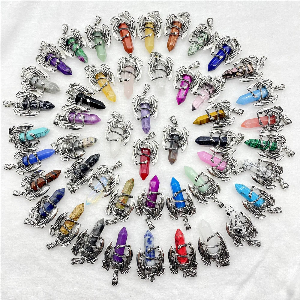 Mythical Flying Dragon Wrapped Quartz Point Pendant, Genuine Healing Stone Chakra Wand Charm, Wiccan Punk Spiritual Protection Jewelry Findings