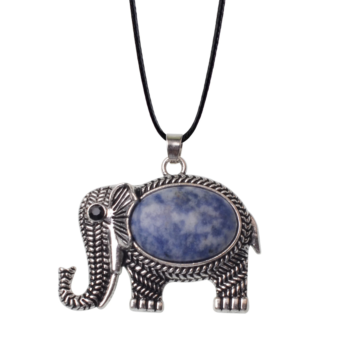 Retro Hollow Pattern Elephant Natural Stone Pendant, Vintage Alloy Lucky Elephant Charm, Healing Crystal Reiki Meditation Amulet for Handmade Necklace