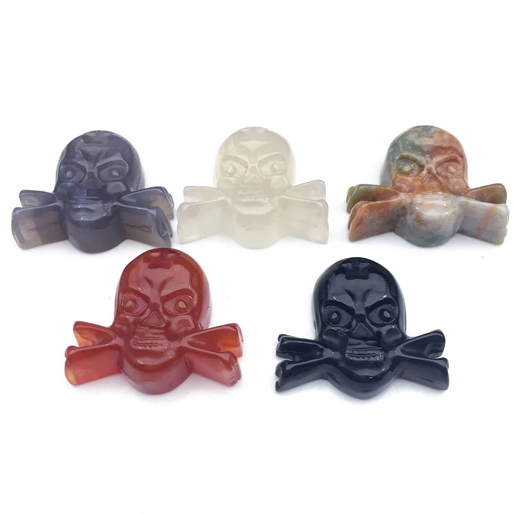 Hand Carved Skull & Crossbones Natural Agate Pendant, Mini Crystal Skull Gemstone Charm for DIY Jewelry Making