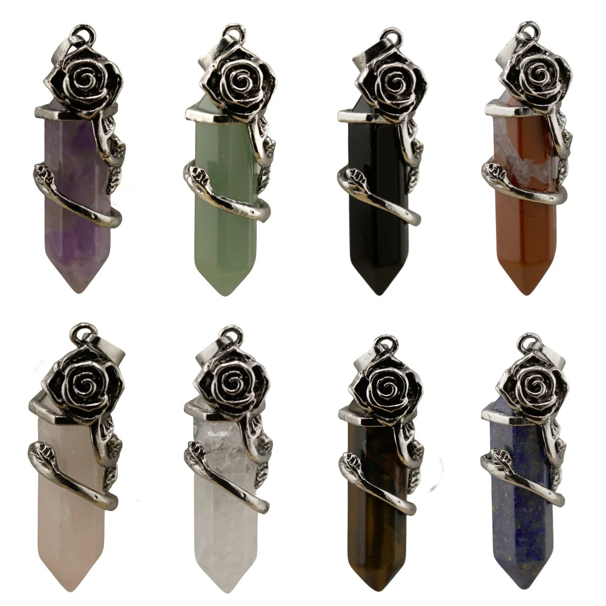 Vintage Rose Wrapped Crystal Quartz Pendant • Hexagonal Bullet Stone Charm • Gothic Floral Healing Crystal Keychain Jewelry