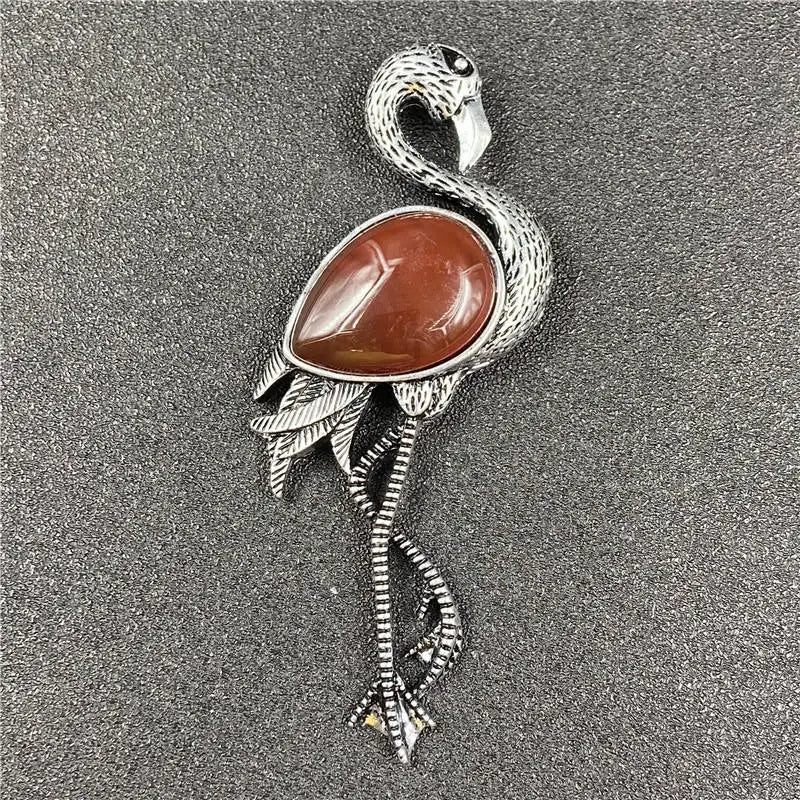 Vintage Silver Flamingo Brooch Pendant Inlaid Natural Gemstone, Multi Crystal Bird Animal Pin Convertible Necklace for Women Boho Fashion Jewelry