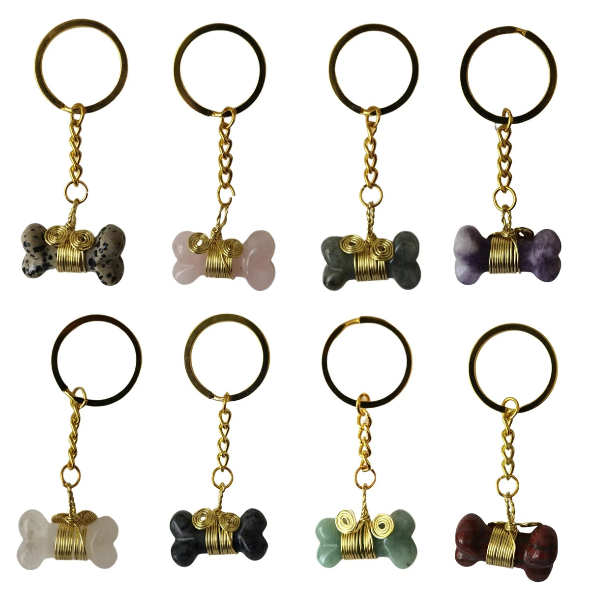 Natural Healing Crystal Dog Bone Keychain | Multi-Color Handcarved Stone Pendant for Bag & Wallet