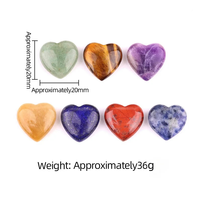 7 Chakra Natural Crystal Heart Set: 20mm Polished Pocket Worry Stones for Healing, Meditation & Spiritual Gift