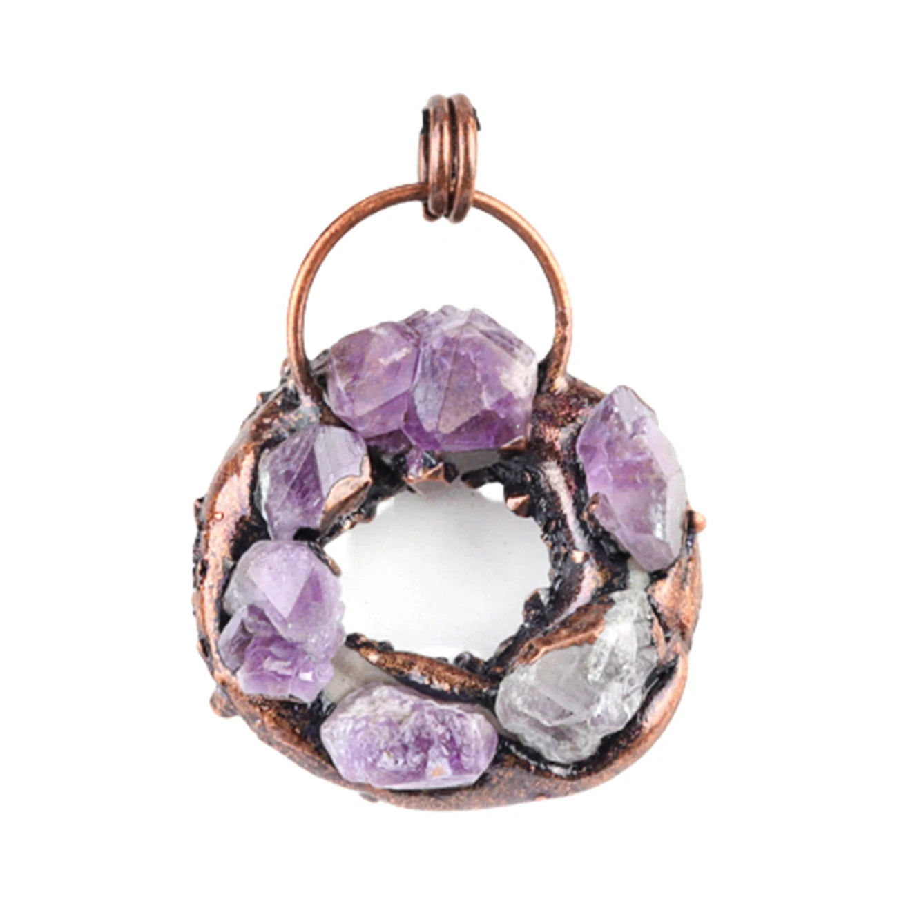 40mm Vintage Copper Amethyst Donut Pendant Necklace | Natural Raw Crystal Circle Charm
