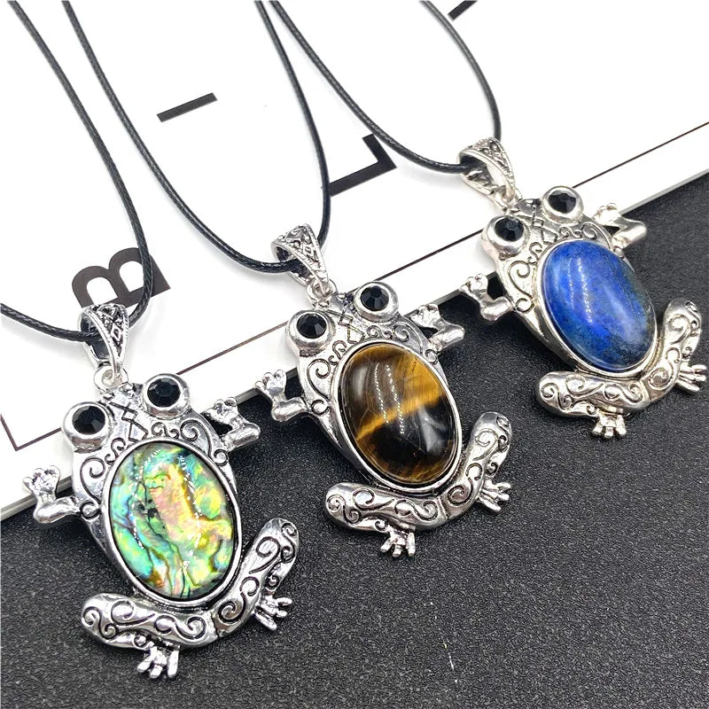 Antique Silver Frog Pendant Inlaid Natural Crystal Cabochon, Multi Gemstone Animal Totem Charm for Trendy Women Necklace DIY Jewelry Making