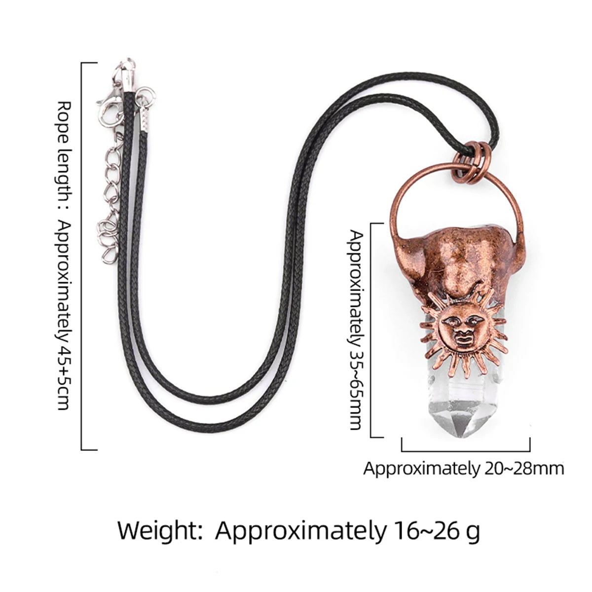 35-65mm Antique Copper Sun Face Clear Quartz Tower Pendant Necklace | Vintage Crystal Jewelry for Men & Women