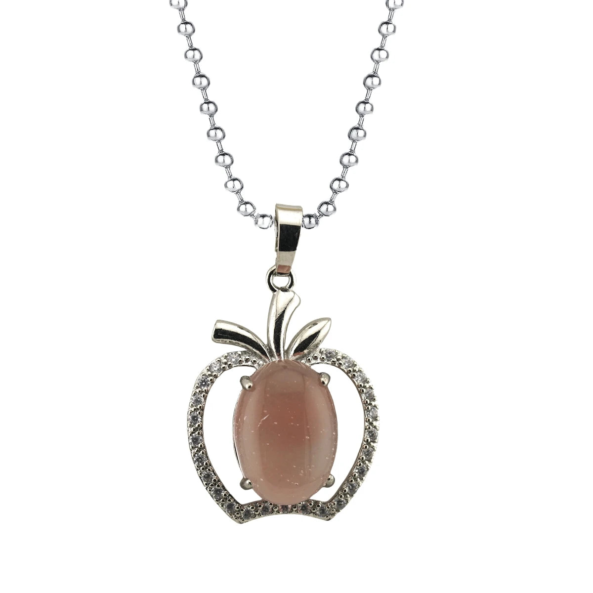 Dainty Pink Crystal Apple Pendant Necklace • Silver Rhinestone Fruit Charm • Natural Healing Stone Romantic Jewelry Gift