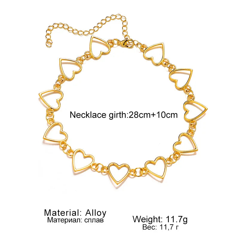 Hollow Open Heart Link Choker Necklace for Women Gold Silver Plated Zinc Alloy Love Heart Chain Choker, Fashion Valentines Party Jewelry Gift