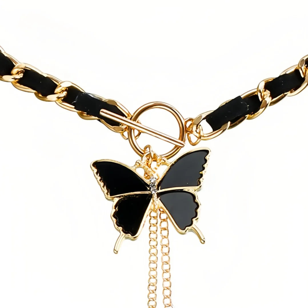 Black Velvet Wrapped Chain Choker Necklace | Gold-Tone Pendant Tassel Collarbone Chain for Women