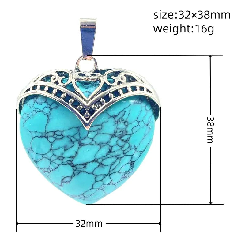 32×38mm Antique Silver Heart Gemstone Pendant | Natural Crystal Retro Love Charm for DIY Jewelry