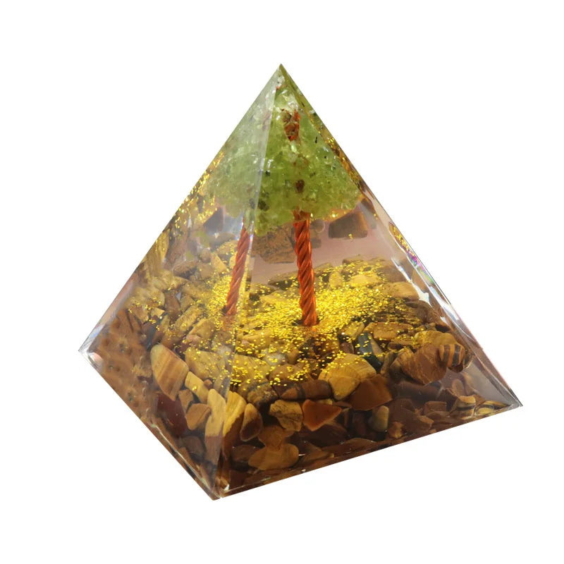 Orgone Pyramid | Tiger Eye & Peridot Crystal Resin Pyramid for Feng Shui & Spiritual Decor