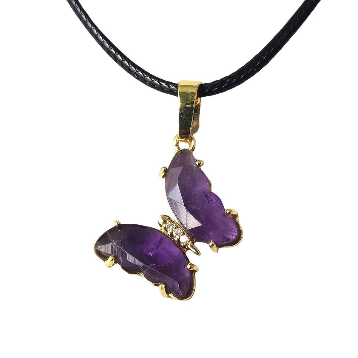 Natural Crystal Butterfly Pendant Necklace | Multi-Color Gemstone with Black Rope Chain for Women