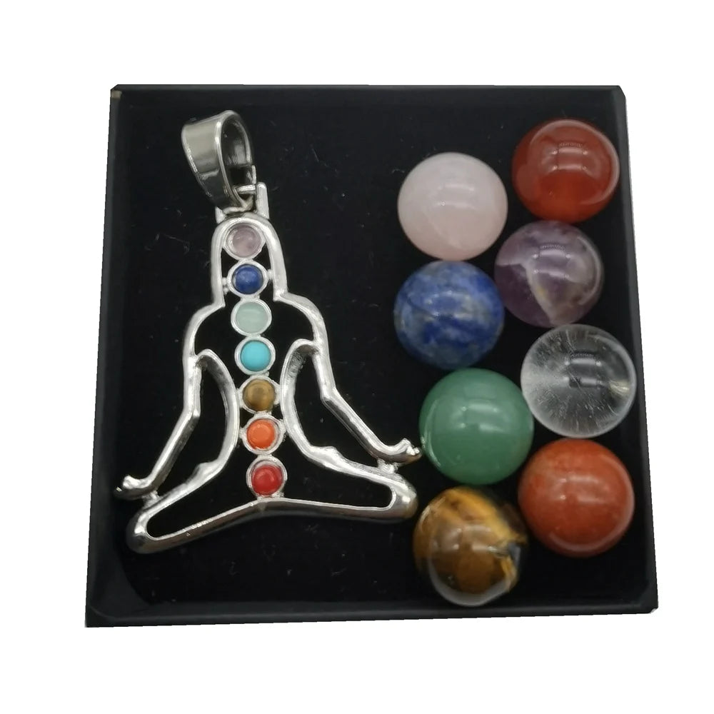 7 Chakra Natural Stone Spheres & Yoga Meditation Pendant Necklace Set # JH0094 Healing Crystal Ball Collection with Gift Box