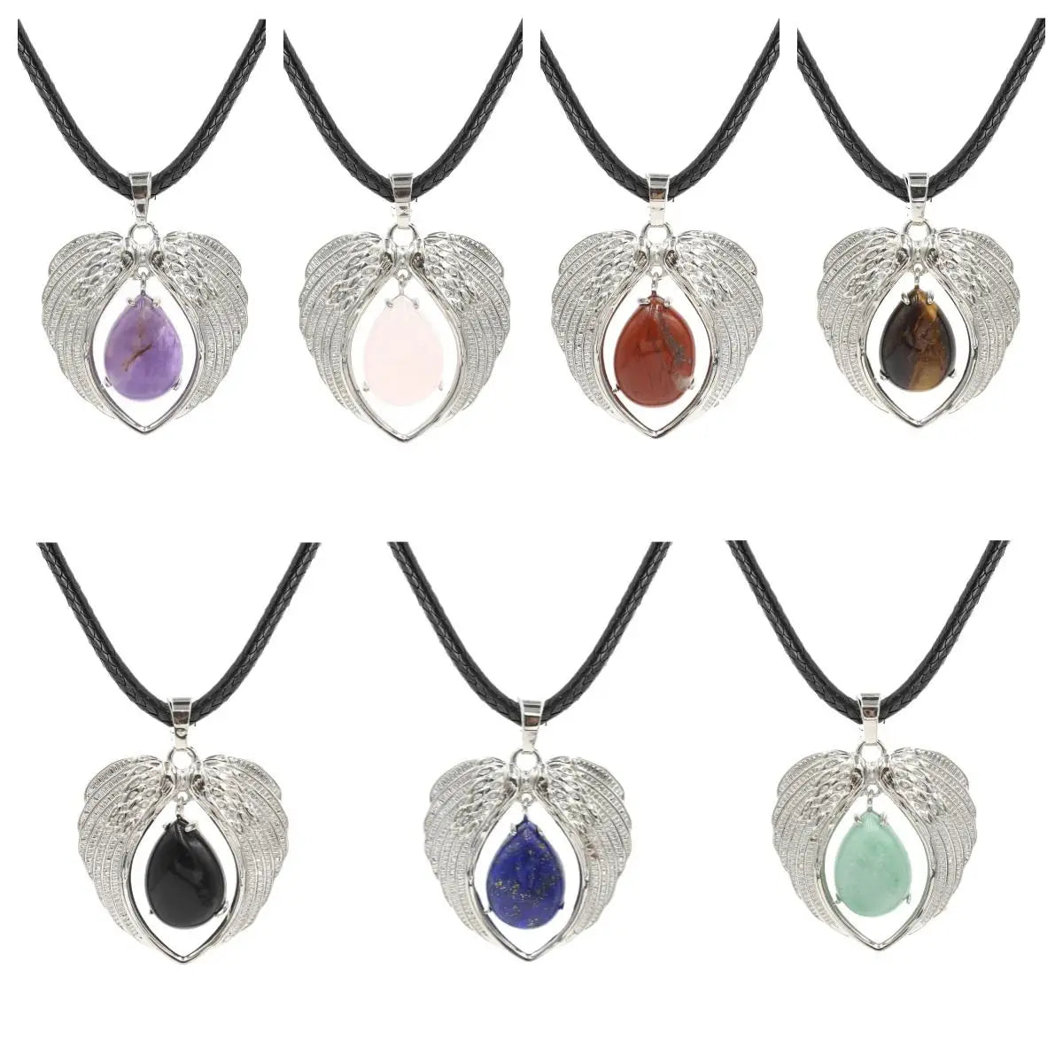 Vintage Silver Angel Wings Heart Necklace - Natural Stone Wax Cord Teardrop Pendant for Men & Women, Spiritual Gift