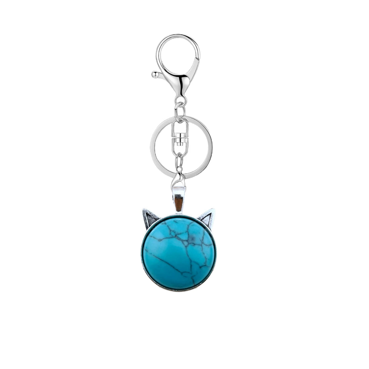 Natural Crystal Cat Head Keychain Cute Gemstone Purse Charm Elegant Alloy Keyring Car Hanging Pendant for Handbag Wallet Backpack Decoration Gift