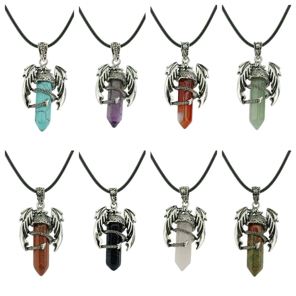 Gothic Winged Dragon Hexagonal Crystal Point Necklace, Vintage Silver Pterosaur Column Pendant, Punk Minimalist Protection Amulet with Black Rope Cord for Men & Women