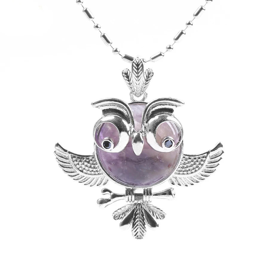 Vintage Silver Plated Owl Pendant Natural Round Gemstone Stone Wisdom Owl Charm Chakra Reiki Healing Crystal Pendant for Necklace DIY Jewelry