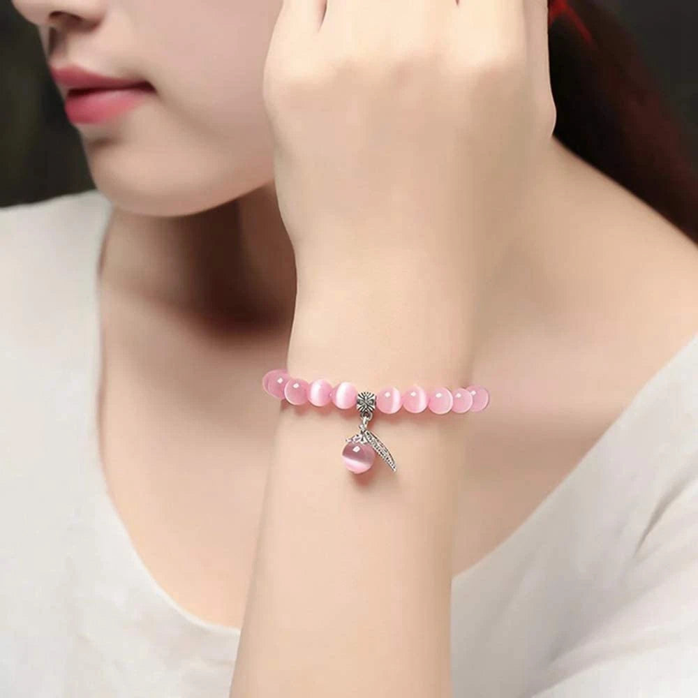 8MM Mystical Cat's Eye Stone Beaded Bracelets with Silver Leaf Accent Healing Elegant Inspired Jewelry