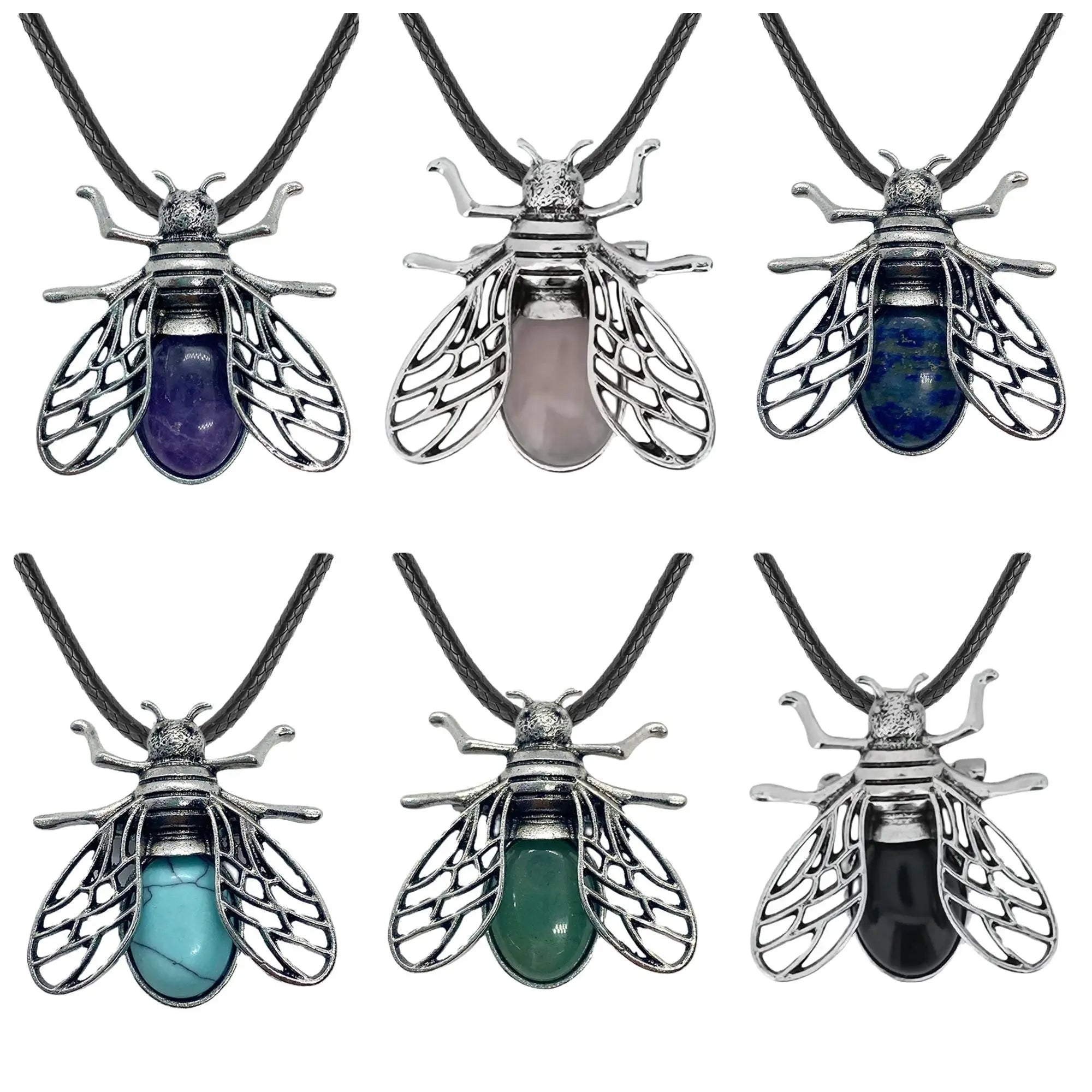 Sacred Insect: Handcrafted Natural Stone Fly Pendant Necklace • 2-in-1 Vintage Gothic Brooch Pin • Healing Crystal Totem with Adjustable Black Cord Choker