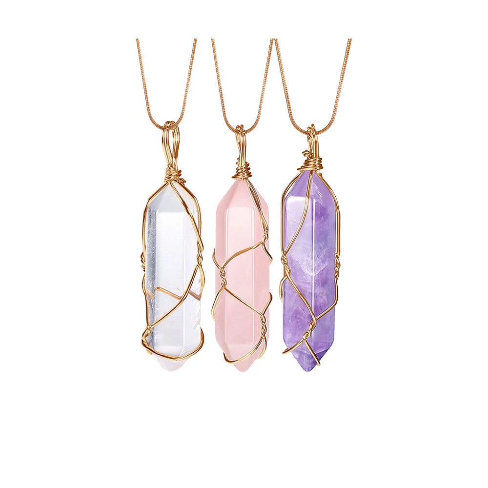 Natural Quartz Crystal Pendant Handmade Wire Wrapped Hexagonal Point Healing Chakra Reiki Stone Necklace for Women Men