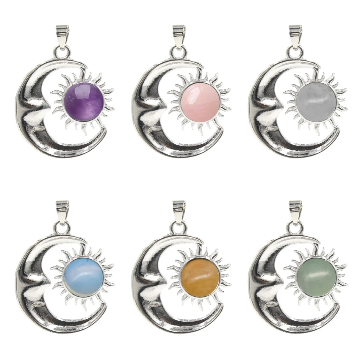 Natural Crystal Sun and Moon Pendant | Celestial Crescent Moon Gemstone Charm | Silver Alloy Sunburst Quartz Cabochon Jewelry Findings for DIY Making