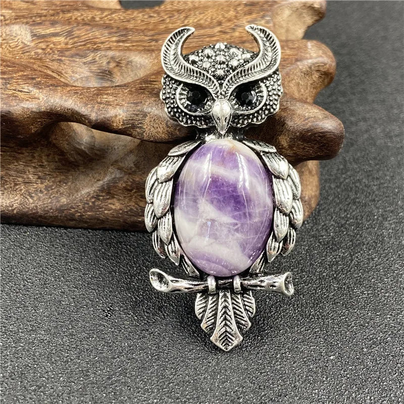 Natural Gemstone Antique Silver Owl Pendant for Making Jewelry