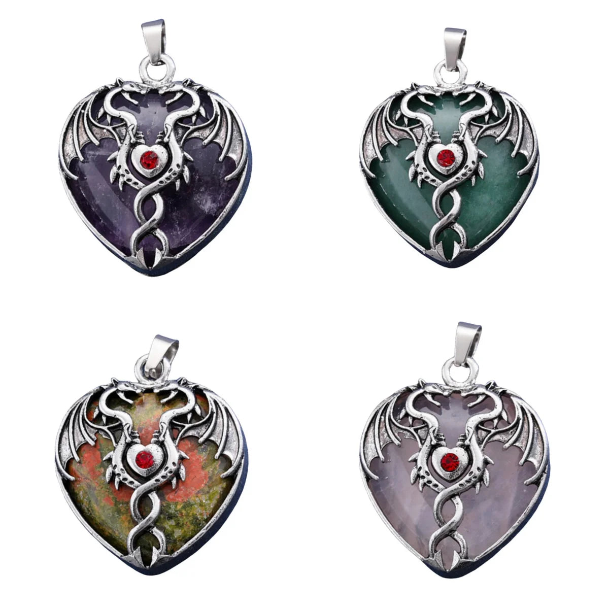32×42mm Antique Silver Dragon Heart Pendant | Natural Gemstone Gothic Charm for DIY Jewelry