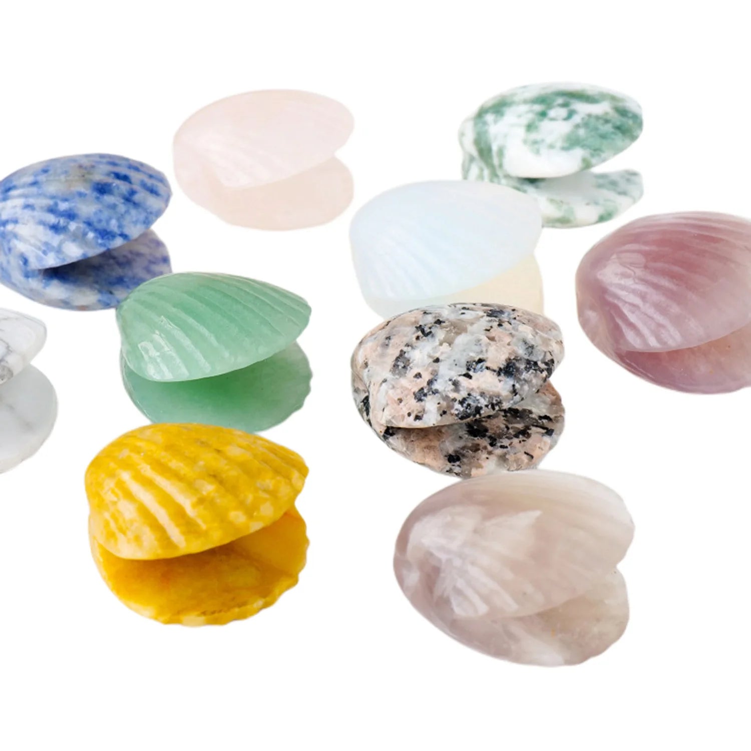 Natural Crystal Carved Seashell Figurine | Mini Gemstone Scallop Shell Charm | Ocean Beach Theme Home Decor & Healing Quartz Stone