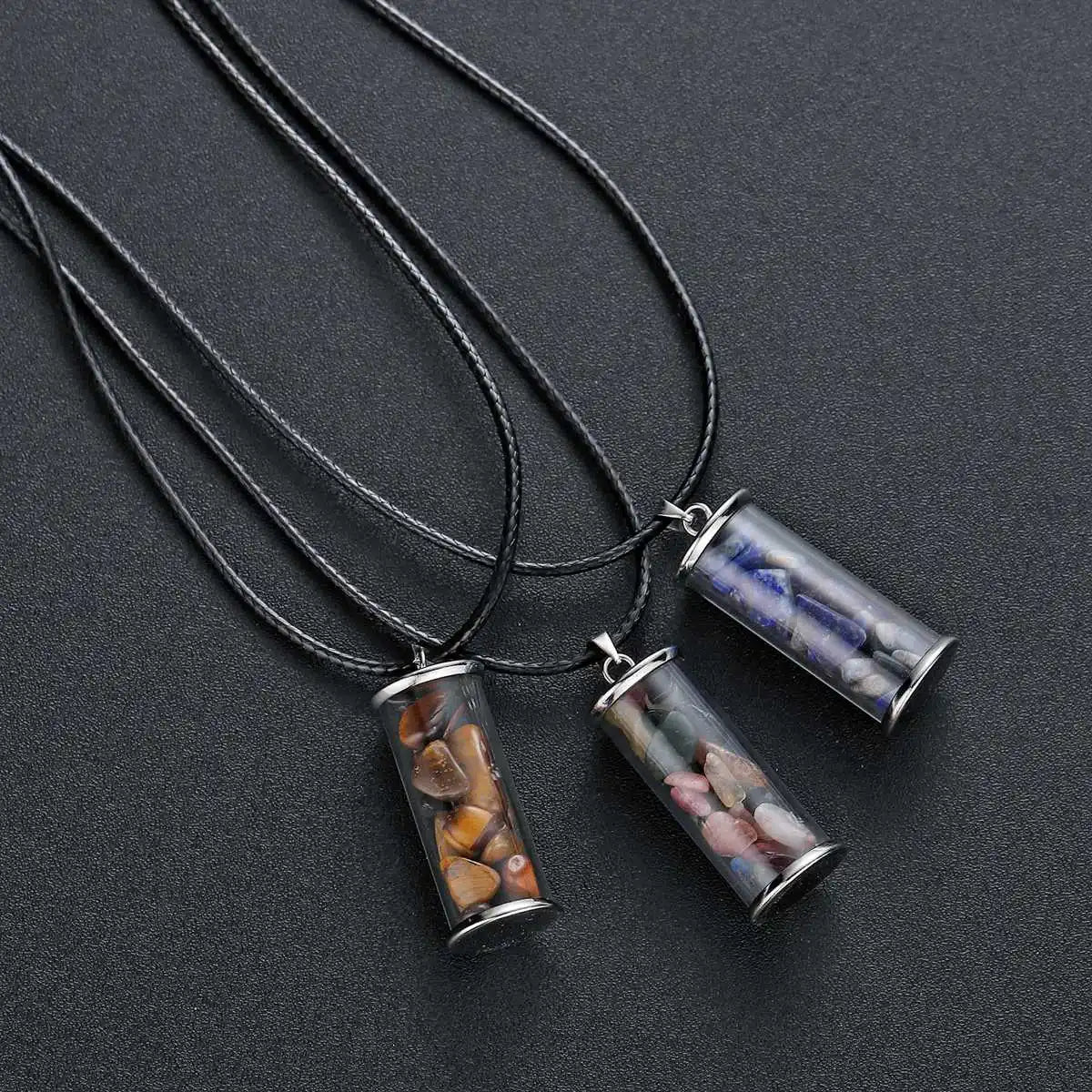 Bohemian Wish Bottle Crystal Necklace, Stainless Steel Frame Clear Glass Vial Pendant Natural Tumbled Stone Chips Inside Adjustable Black Rope Necklace Gift