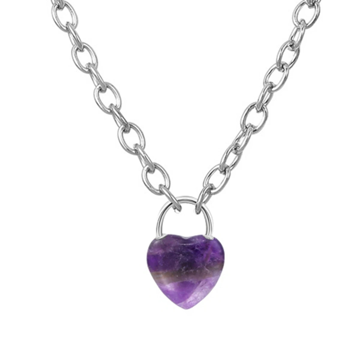Natural Crystal Heart Lock Pendant Necklace, Gemstone Love Charm with Alloy Chain for Men & Women