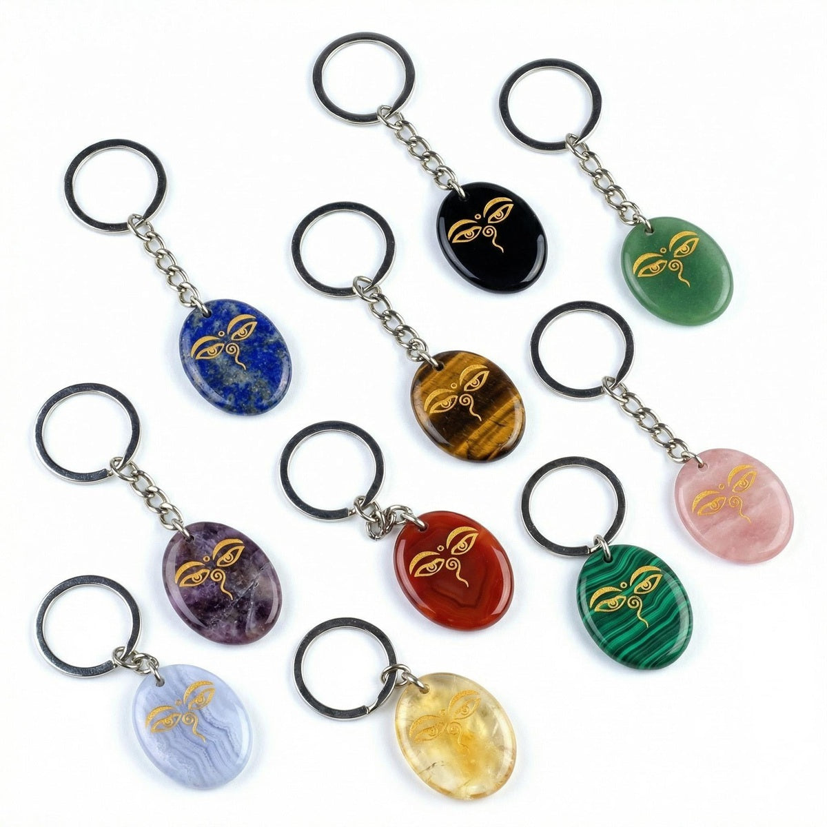 Oval Gemstone Disc Keychain– Carved with Custom Words & Symbol -"The Buddha's Contemplative Eye"