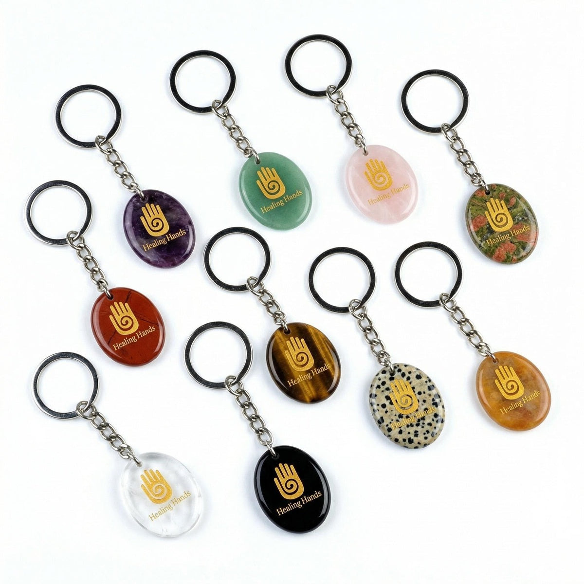 Oval Gemstone Disc Keychain– Carved with Custom Words & Symbol -"Hand"