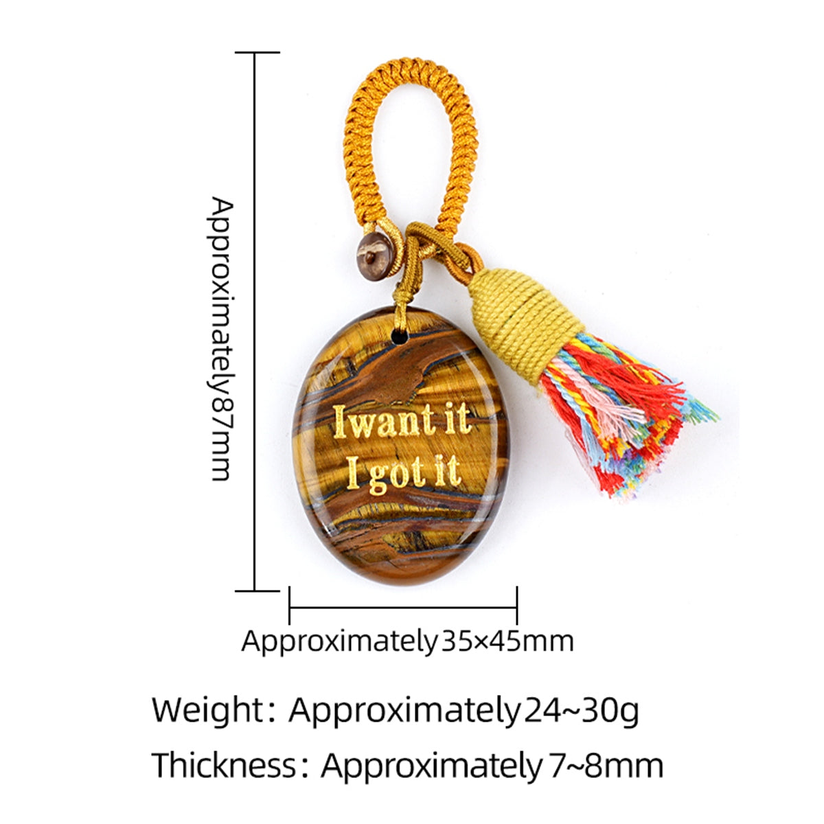 Handmade Woven Oval Gemstone Disc Strand Keychain– Carved with Custom Words & Symbol -I want it I got it