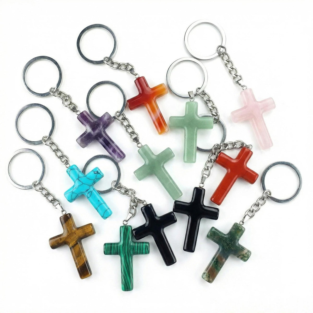 Handmade Natural Gemstone Cross Pendant Keychain, Carved Christian Cross Key Accessories for Women Men, Religious Gift, Jewelry Key Chain 27x40mm